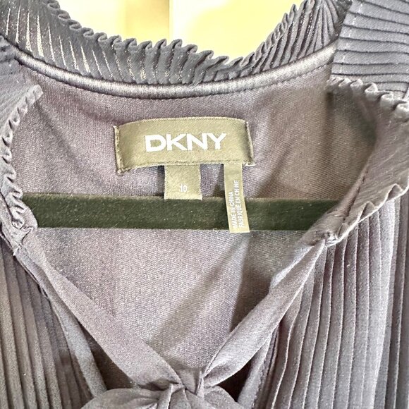 Navy Tie Neck Pleated Long Sleeve Dress 10 - Picture 7 of 13